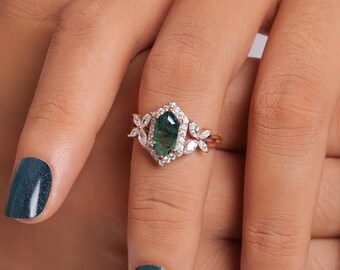 Art Deco Halo Moss Agate Engagement Ring, Vintage Cluster Wedding Ring, Hexagon Cut Bridal Ring, Crossover Wedding Ring Band for Women