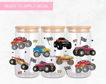 Monster Truck UV DTF Cup Wrap: Waterproof Decal for 16oz Glass Can