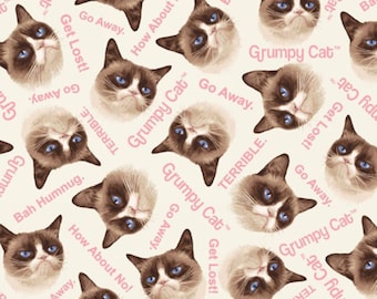Grumpy Cat Collection-Cream Grumpy Cat Allover -Marcus Bros - Cotton Fabric- Cats- Quilt- *Sold by the half yard