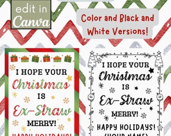 Silly Straw Christmas Printable Tags, Crazy Straw Holder Cards, Ex-straw Merry Party Favor Kids Classroom Treat PDF File, INSTANT DOWNLOAD