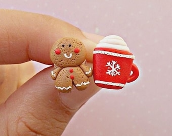 Funny Christmas Earrings, Gingerbread man and cocoa mismatched earrings