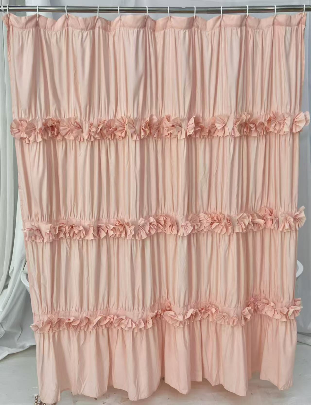 Victorian Ruffle Fabric Shower Curtain, Vintage Handcrafted Bow Tie