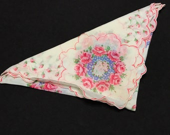 Pink and Blue Dainty Floral Handkerchief, Vintage Roses Hankie, Forget-Me-Nots Hanky