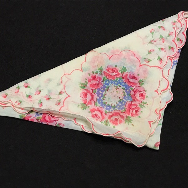 Pink and Blue Dainty Floral Handkerchief, Vintage Roses Hankie, Forget-Me-Nots Hanky