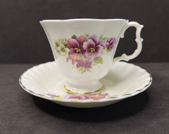 Violets China Tea Cup and Saucer, Fine Bone China, Purple Floral English China Tea Cup