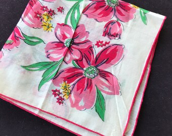 Vibrant Floral Vintage Ladies Handkerchief, Original Hand Rolled edge tag