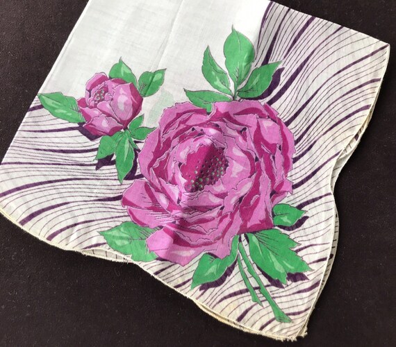 Vintage Purple Roses Handkerchief, Floral Hankie - image 2
