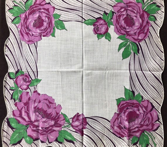 Vintage Purple Roses Handkerchief, Floral Hankie - image 3