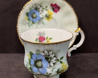 Floral China Tea Cup and Saucer, Blue Flower Fine Bone China