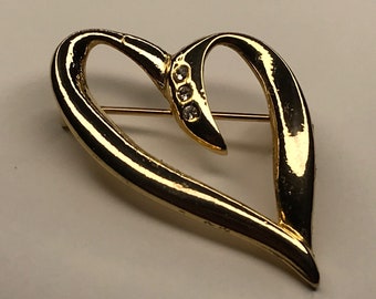 Open Gold Heart Brooch, Stylized Heart and Rhinestones Pin