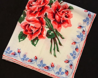 Red Roses Bouquet Handkerchief, Vintage Floral Hankie