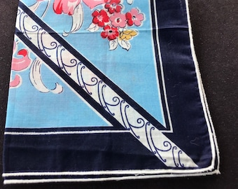 Vintage Lilies Handkerchief, Blue Border Sash Hankie