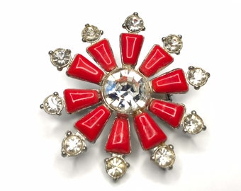 Red Stone Rhinestone Flower Brooch, Mid Century Modern Costume Jewelry Pin