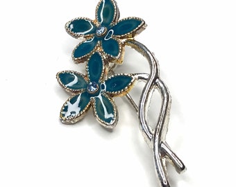 Blue Enameled Flower Pin, Floral Brooch