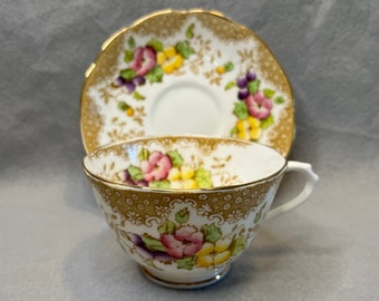 Floral Gold Tea Cup Saucer, Lovelace Brown, Royal Albert Fine English China Teacup