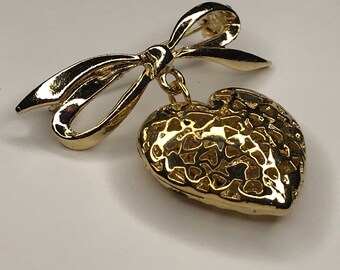 Puffy Heart and Bow Brooch, Gold Heart Pin