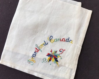 Canada Souvenir Handkerchief, Brantford Collectible Hankie, Vibrant Embroidered Vintage Travel Hanky