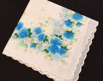 Blue Roses Handkerchief, Vintage Floral Hankie, Flowers Hanky