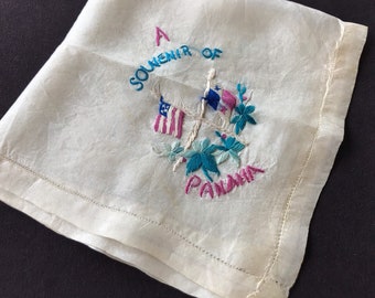 Souvenir Panama Handkerchief, Vintage Travel Collectible Hankie