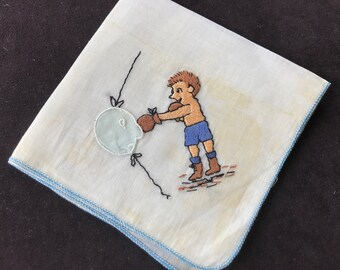 Boxer Boy Vintage Handkerchief, Embroidered Appliqued Hankie