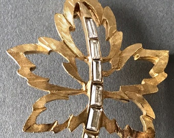 Maple Leaf Crystal Brooch, Open Leaf Pin, Costume Jewelry