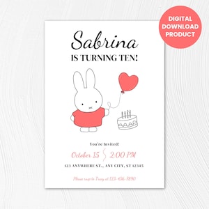 Printable Miffy Birthday Invitation: Customizable Bunny Template (Digital Download)