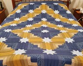 King or Queen size bedding, Amish quilt, hand made, hand stitched - Log Cabin with Stars