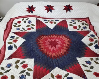 Queen or King Size, Amish made, Handstitched - Lone Star with Appliques Quilt