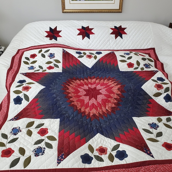 Queen or King Size, Amish made, Handstitched - Lone Star with Appliques Quilt