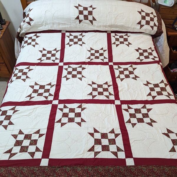 King/Queen Size, Amish Pattern, Handmade/Star 9 Block Quilt