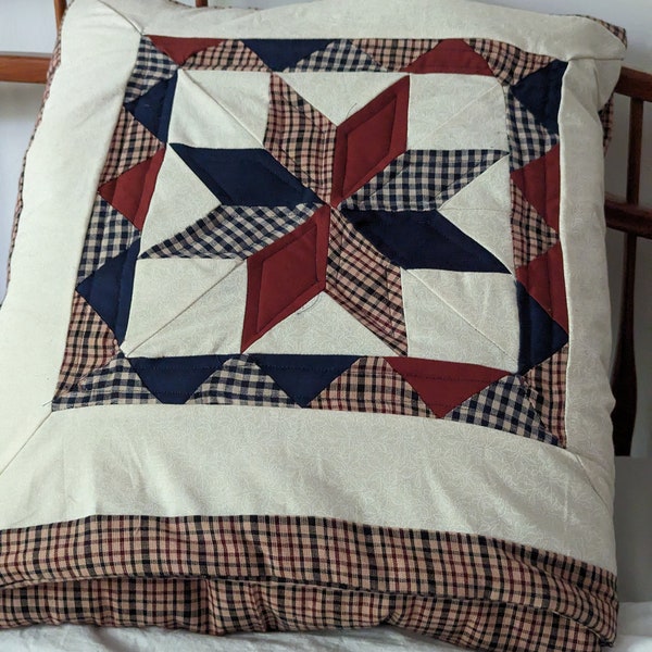 Quillow, Pillow, Lap Quilt/Throw - Homespun Framed Lemoyne Star with Red backing