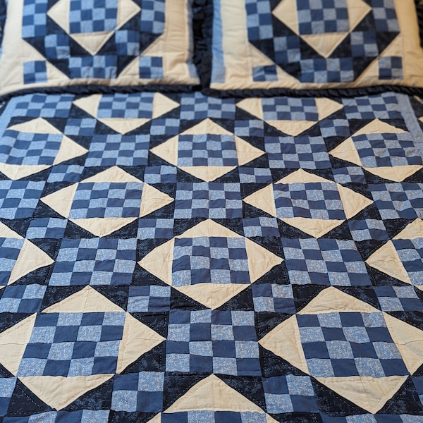 Amish Queen Size Quilt with 2 King Shams/Hand Made, Hand Stitched/-Jacob's Ladder Pattern