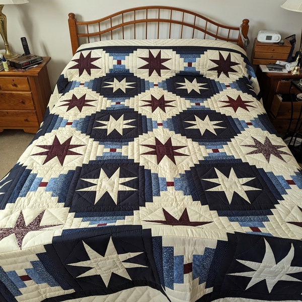 Queen Size, Amish Made, Hand Stitching - Log Cabin Star Quilt