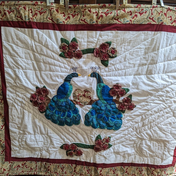 Handmade, Amish Made, Wall Hanging or Lap Quilt - Peacocks on a branch with Flowers
