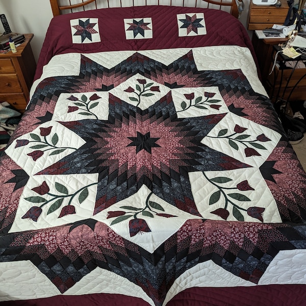 King Size, Amish Made, Hand Stitched - Broken Star with Tulip Appliques