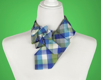 Blue And Green Checked Ascot Scarf - Contemporary Scarf - Unisex Cravat.