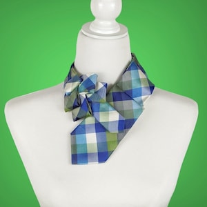 Blue And Green Checked Ascot Scarf - Contemporary Scarf - Unisex Cravat.