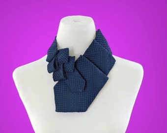 Vintage Navy Necktie Upcycled into Chic Ascot Scarf for Women