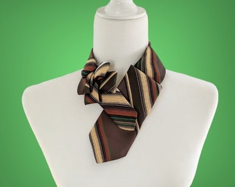 Vintage Unisex Ascot - Brown Striped Unique Scarf - Sustainable Scarf
