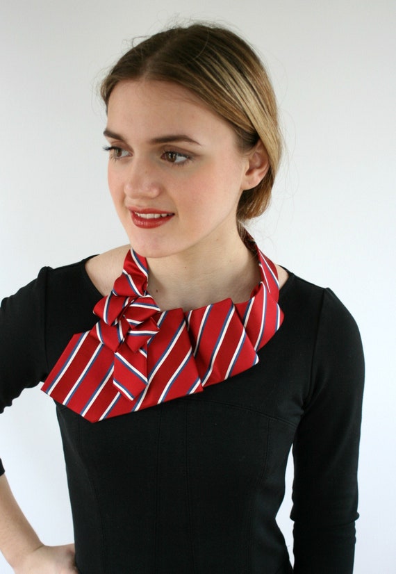 Red Striped Scarf Women's Ascot Tie Scarf Work Wear | Etsy