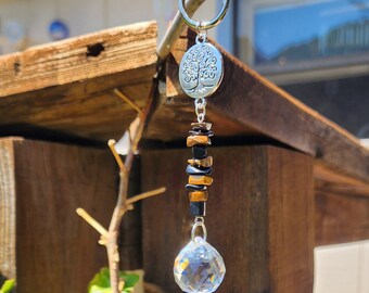 Tigerauge & Obsidian Mini Baum des Lebens Sonnenfänger/Auto Anhänger/Schlüsselanhänger, Aurora Maker, Geburtstagsgeschenk