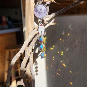 Fly You To The Moon Mini Rocketship and Full Moon Car Suncatcher, Car Charm/Accessory, Gift for Space Lover, Stocking Stuffer
