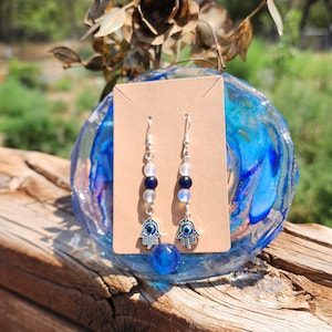 Blue & Mirage Aurora Glass Beads Silver Dangle Drop Earrings with  Hamsa Evil Eye Hypoallergenic Nickel Free 925 Silver-Plated