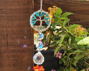 Mini atrapasoles con forma de árbol de la vida con cuentas y alambre envuelto, adorno para coche/accesorio, decoración para ventanas, creador de arcoíris, verde