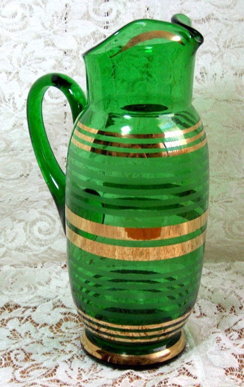 PITCHER VINTAGE Green Glassware with Gold Gilding Etsy