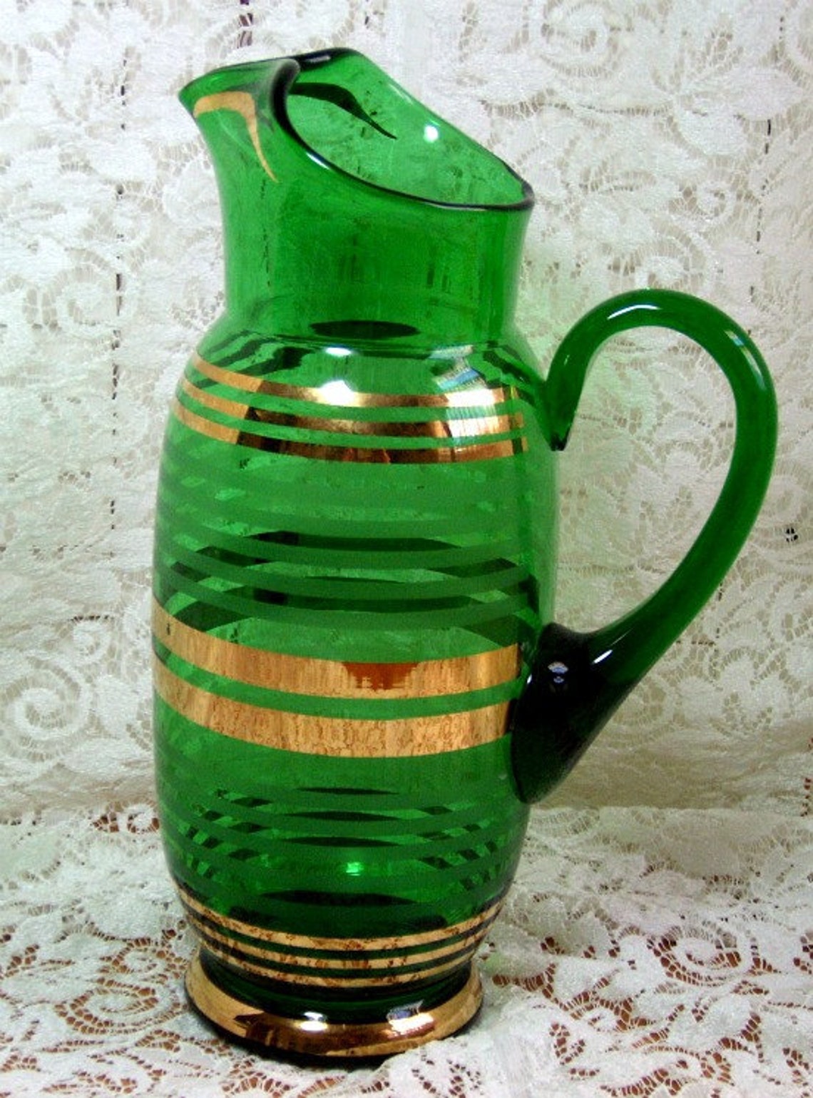 PITCHER VINTAGE Green Glassware with Gold Gilding Etsy