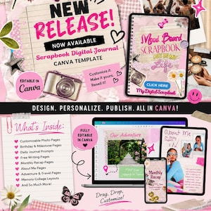 May include: A digital scrapbook journal Canva template featuring a pink and white aesthetic with collage elements, including a camera, flowers, and text overlays like NEW RELEASE, Mood Board Scrapbook, and What's Inside, displayed on a laptop and tablet screen.
