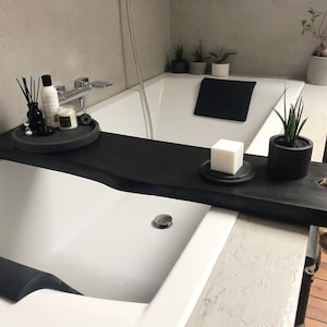 Black wooden bath caddy, Bath shelf, Bath accessories, Live edge bath board, Modern bathroom decor, Wood bath tray, Bathtub tray image 2