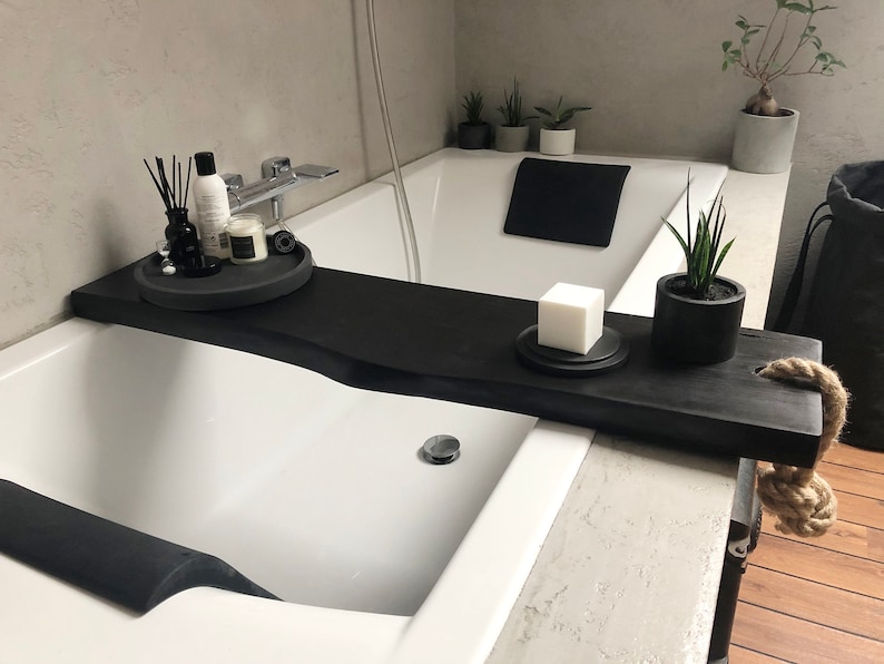 Panier de bain en bois noir, étagère de bain, accessoires de bain, planche de bain à rebord direct, décoration de salle de bain moderne, plateau de bain en bois, plateau de baignoire image 2