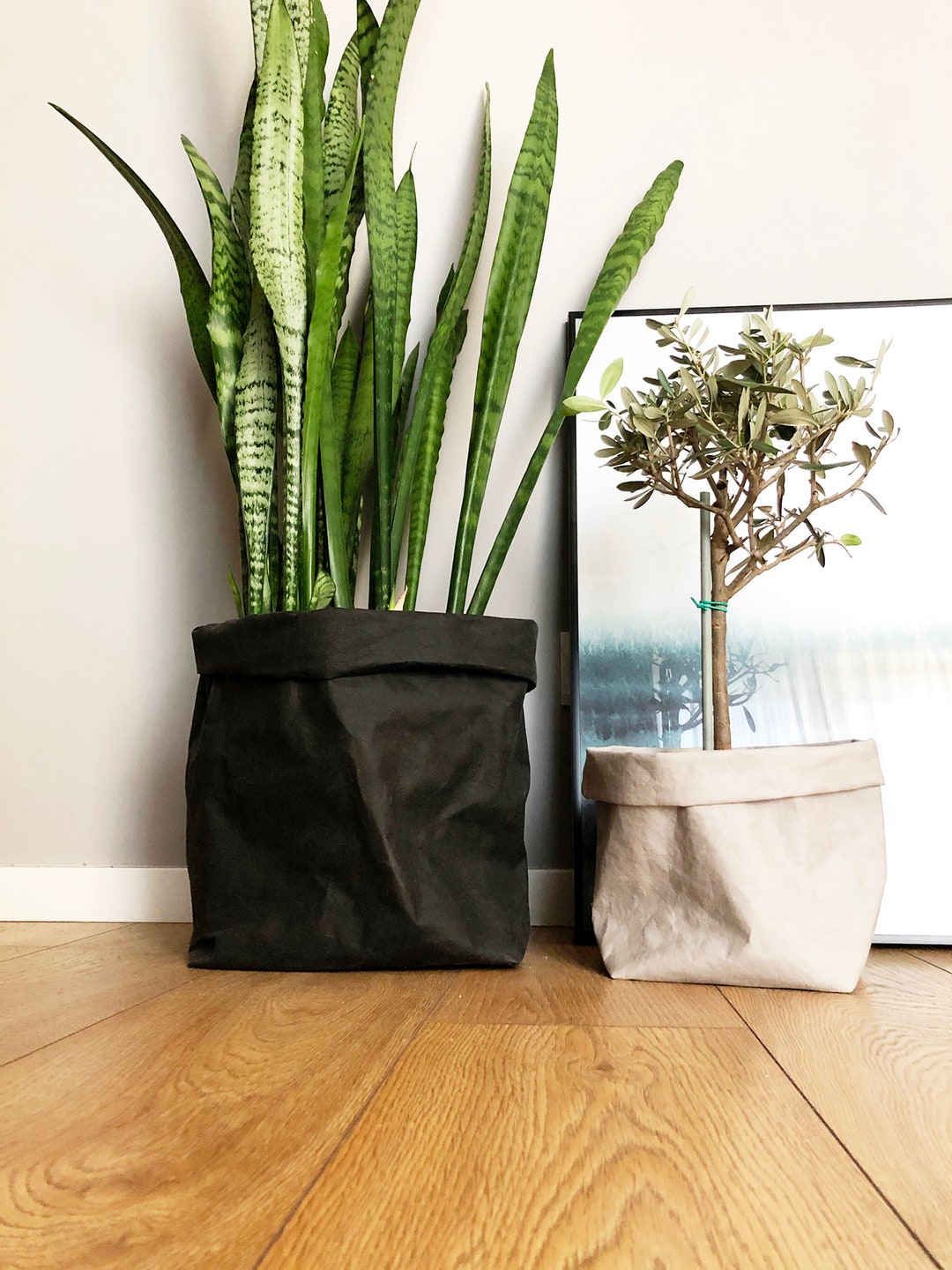 Large Washable Paper Bag / Black Storage Basket / Paper Bag Planter / Paper Bag Bin / Paper Bag